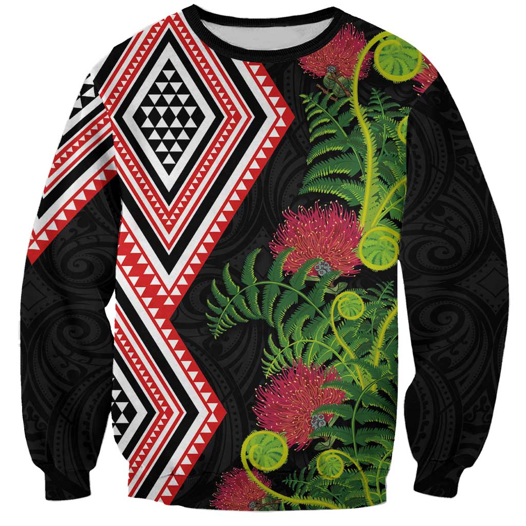 Aotearoa Tukutuku Motif Sweatshirt Pohutukawa and Fern Leaves LT03 Unisex Black - Polynesian Pride
