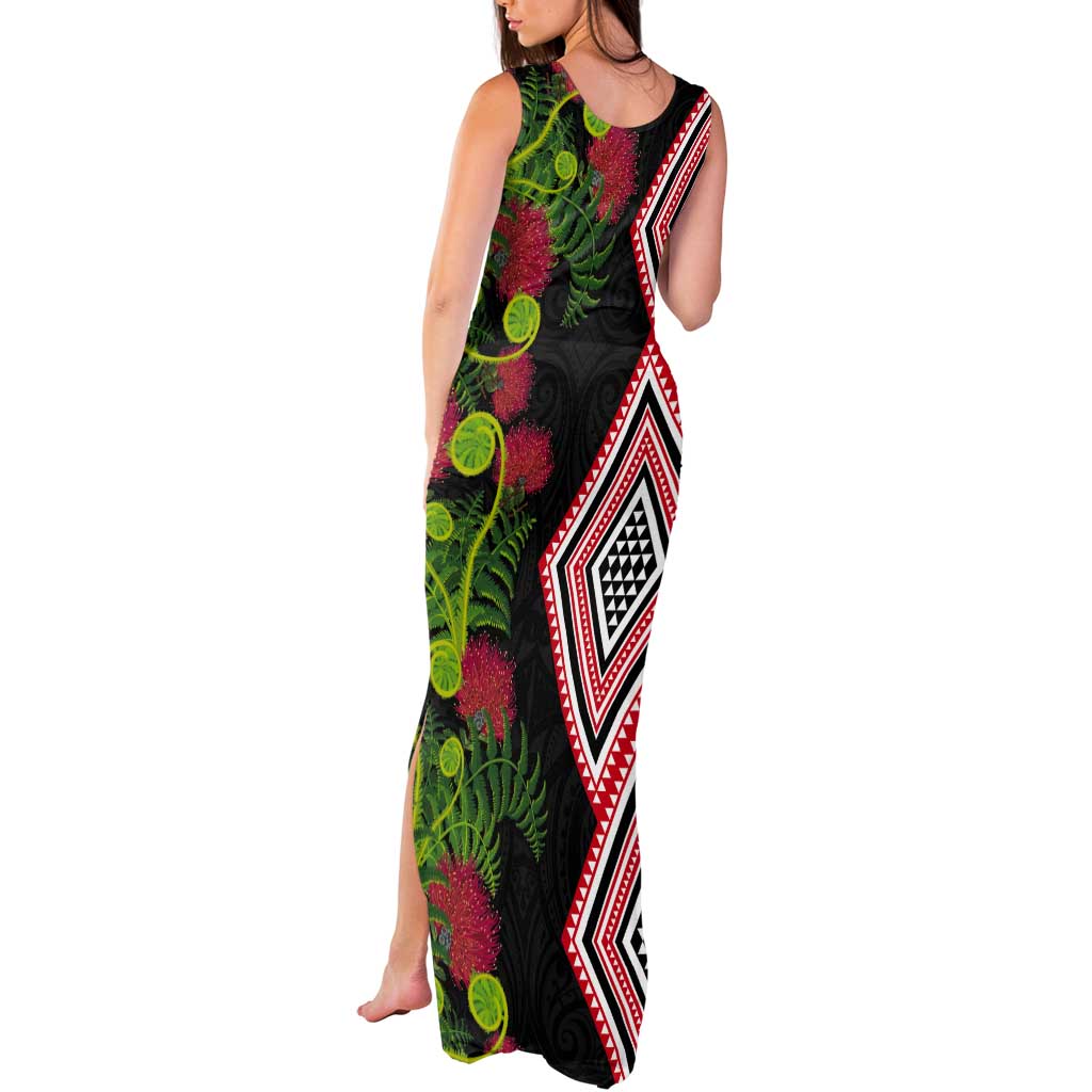 Aotearoa Tukutuku Motif Tank Maxi Dress Pohutukawa and Fern Leaves