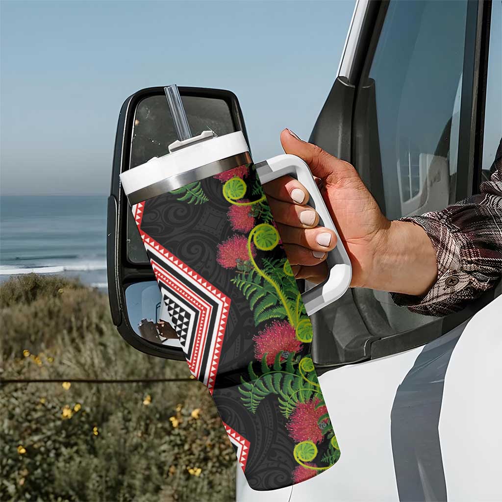 Aotearoa Tukutuku Motif Tumbler With Handle Pohutukawa and Fern Leaves