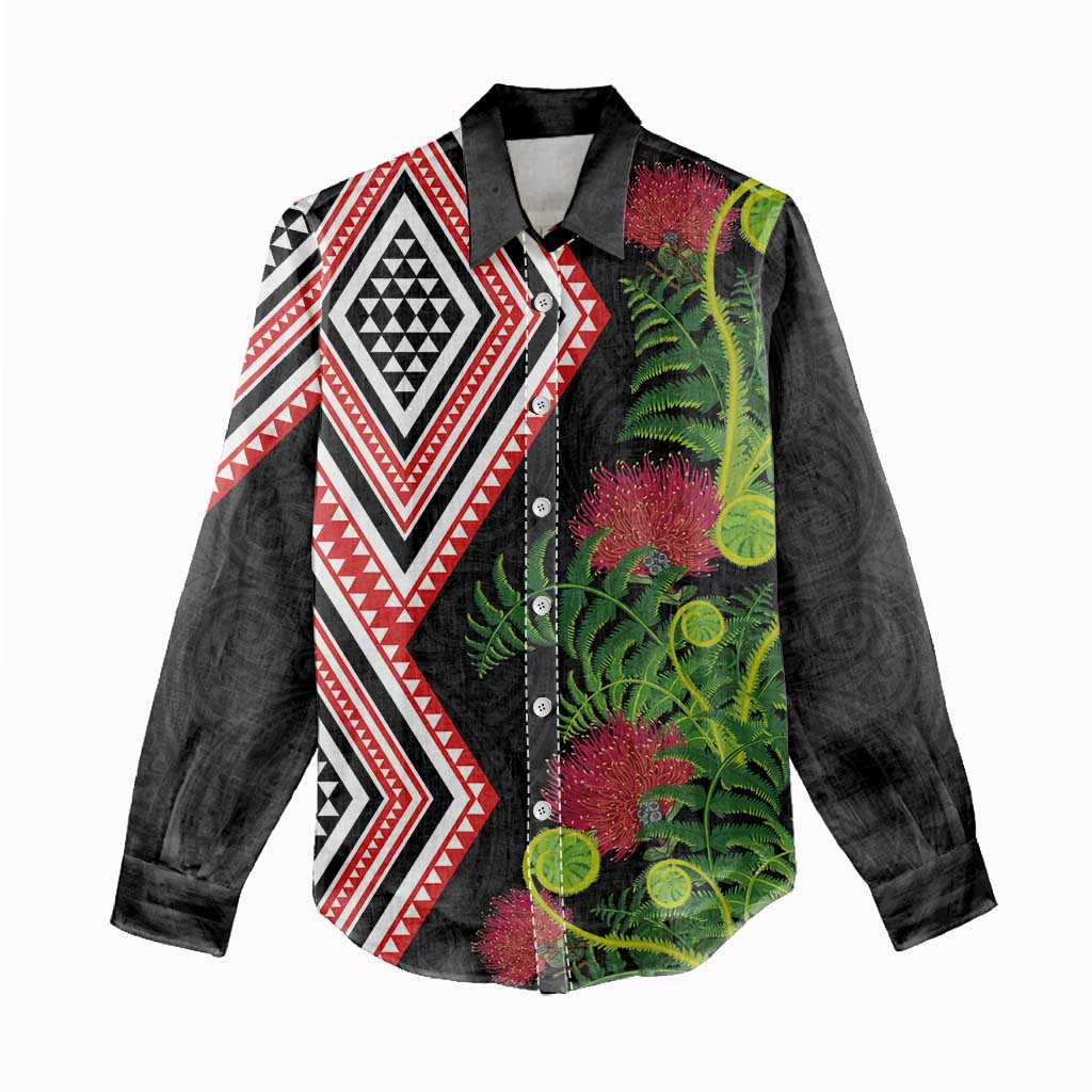 Aotearoa Tukutuku Motif Women Casual Shirt Pohutukawa and Fern Leaves