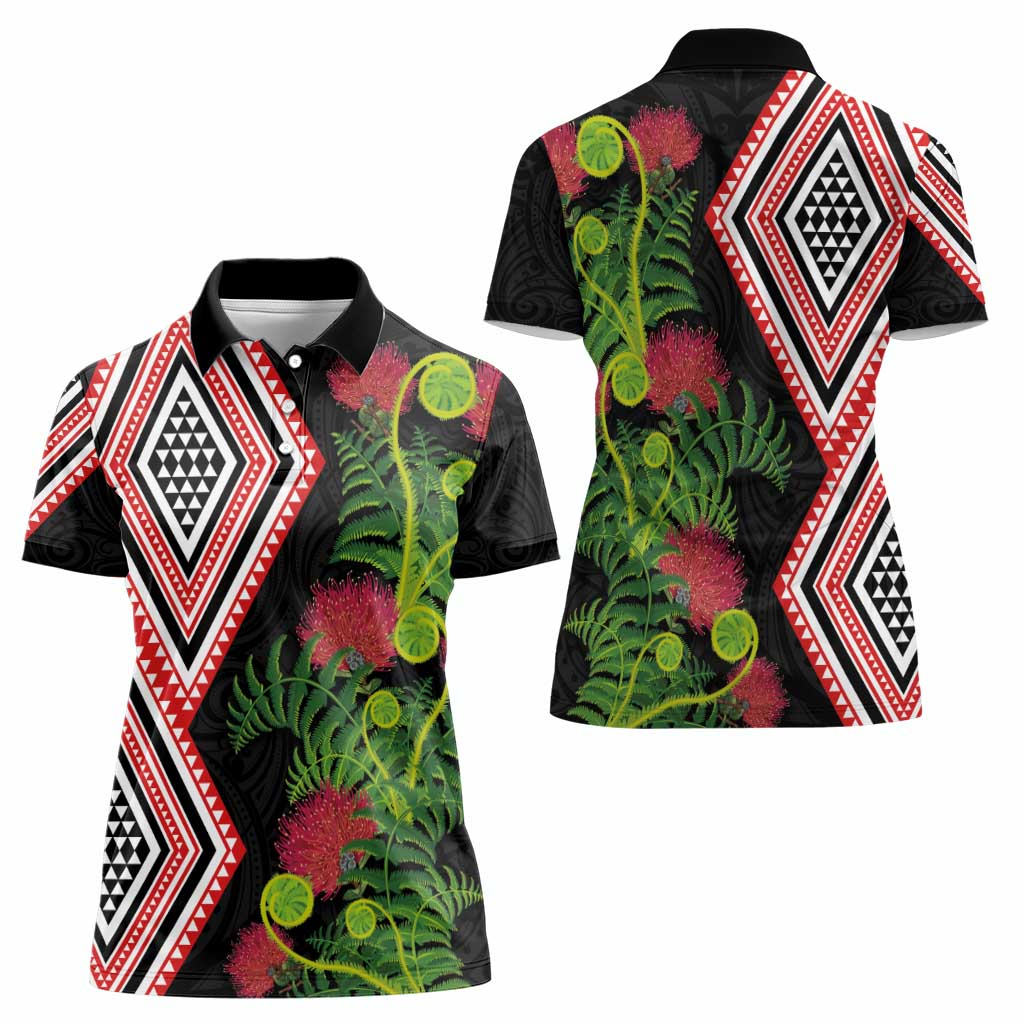 Aotearoa Tukutuku Motif Women Polo Shirt Pohutukawa and Fern Leaves