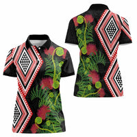 Aotearoa Tukutuku Motif Women Polo Shirt Pohutukawa and Fern Leaves