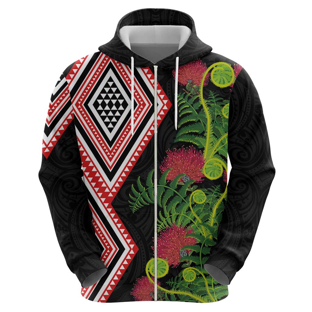 Aotearoa Tukutuku Motif Zip Hoodie Pohutukawa and Fern Leaves