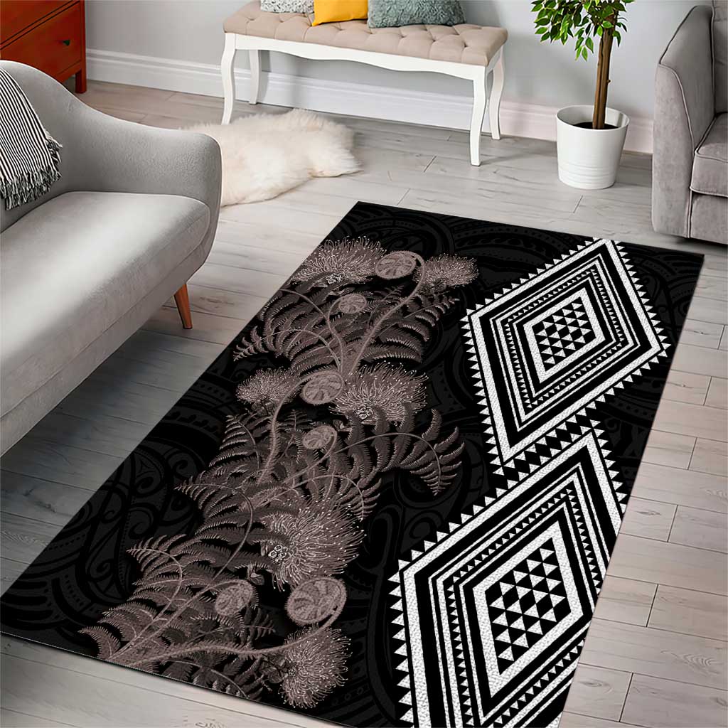 Aotearoa Tukutuku Motif Area Rug Pohutukawa and Fern Leaves Grayscale Color