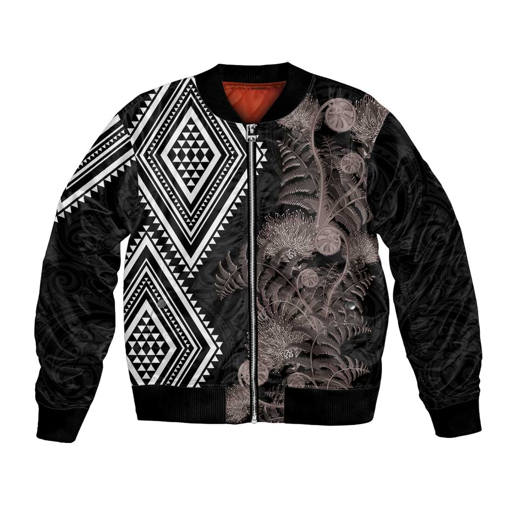 Aotearoa Tukutuku Motif Bomber Jacket Pohutukawa and Fern Leaves Grayscale Color