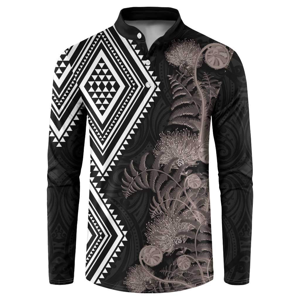 Aotearoa Tukutuku Motif Button Sweatshirt Pohutukawa and Fern Leaves Grayscale Color LT03 Black - Polynesian Pride