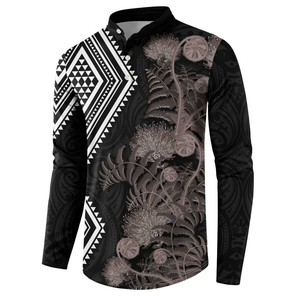 Aotearoa Tukutuku Motif Button Sweatshirt Pohutukawa and Fern Leaves Grayscale Color LT03 - Polynesian Pride