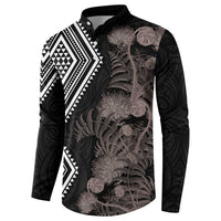 Aotearoa Tukutuku Motif Button Sweatshirt Pohutukawa and Fern Leaves Grayscale Color LT03 - Polynesian Pride