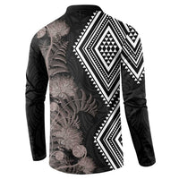 Aotearoa Tukutuku Motif Button Sweatshirt Pohutukawa and Fern Leaves Grayscale Color LT03 - Polynesian Pride