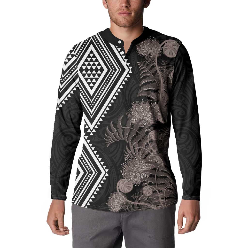 Aotearoa Tukutuku Motif Button Sweatshirt Pohutukawa and Fern Leaves Grayscale Color LT03 - Polynesian Pride
