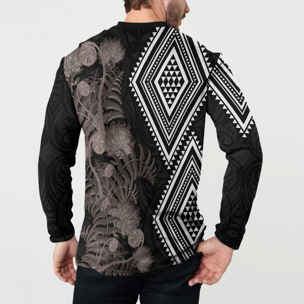 Aotearoa Tukutuku Motif Button Sweatshirt Pohutukawa and Fern Leaves Grayscale Color LT03 - Polynesian Pride