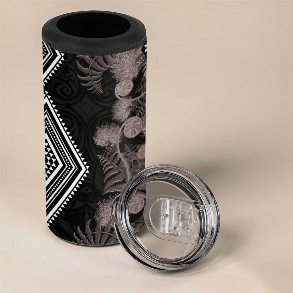 Aotearoa Tukutuku Motif 4 in 1 Can Cooler Tumbler Pohutukawa and Fern Leaves Grayscale Color