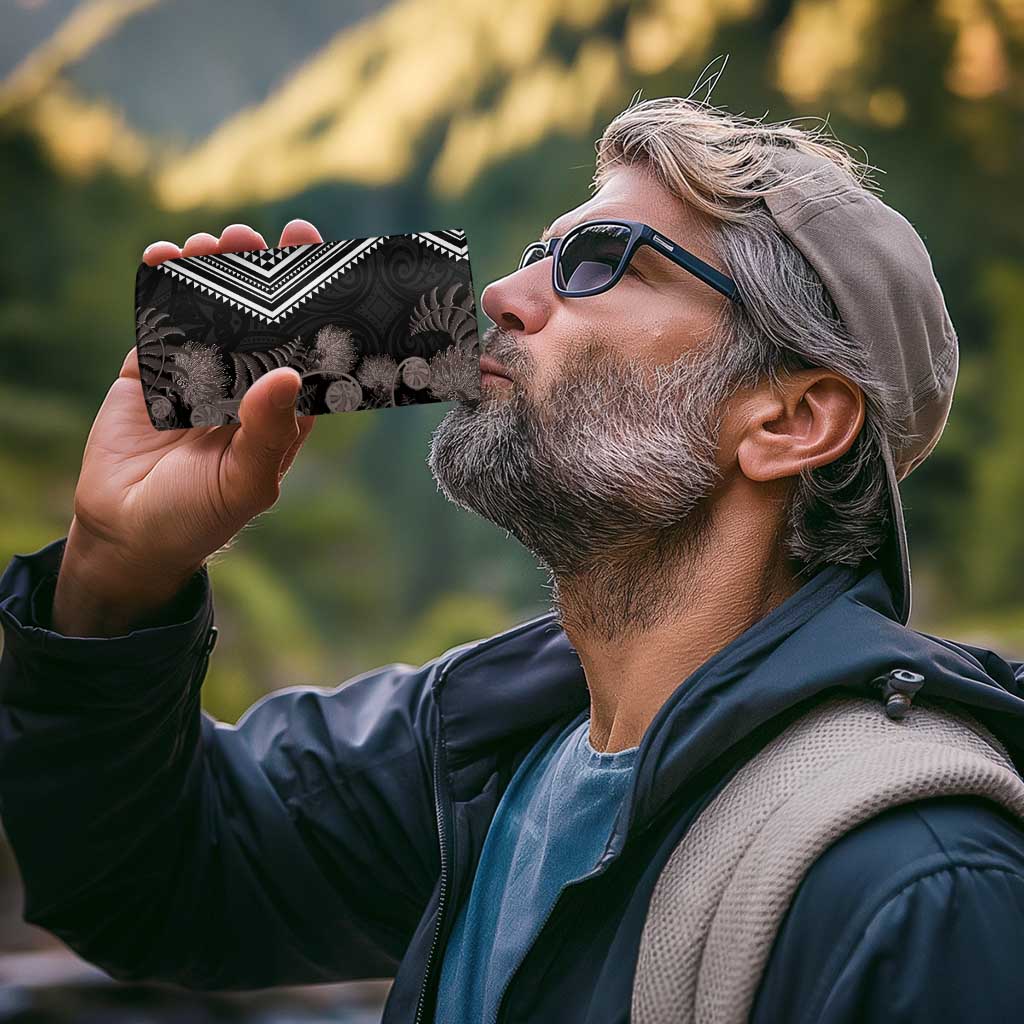 Aotearoa Tukutuku Motif 4 in 1 Can Cooler Tumbler Pohutukawa and Fern Leaves Grayscale Color
