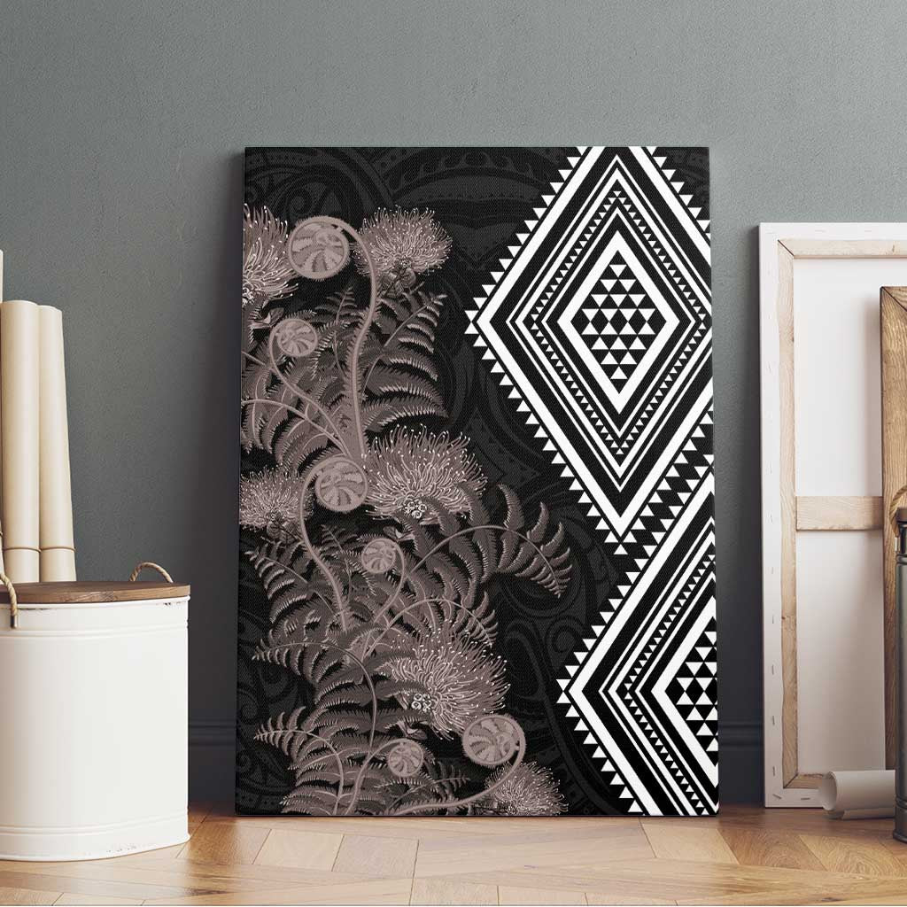 Aotearoa Tukutuku Motif Canvas Wall Art Pohutukawa and Fern Leaves Grayscale Color