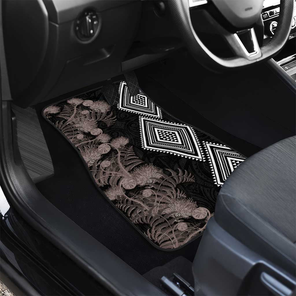 Aotearoa Tukutuku Motif Car Mats Pohutukawa and Fern Leaves Grayscale Color