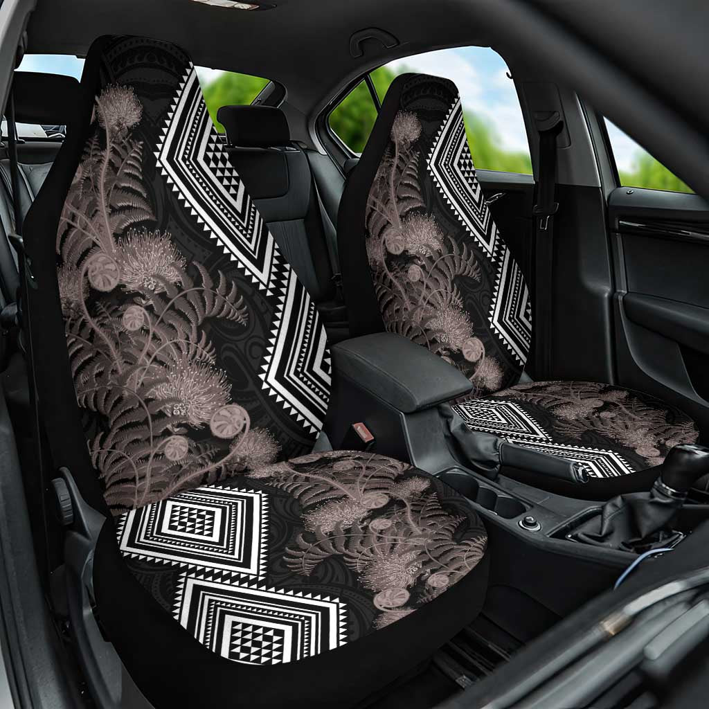 Aotearoa Tukutuku Motif Car Seat Cover Pohutukawa and Fern Leaves Grayscale Color