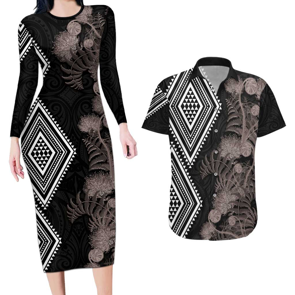 Aotearoa Tukutuku Motif Couples Matching Long Sleeve Bodycon Dress and Hawaiian Shirt Pohutukawa and Fern Leaves Grayscale Color