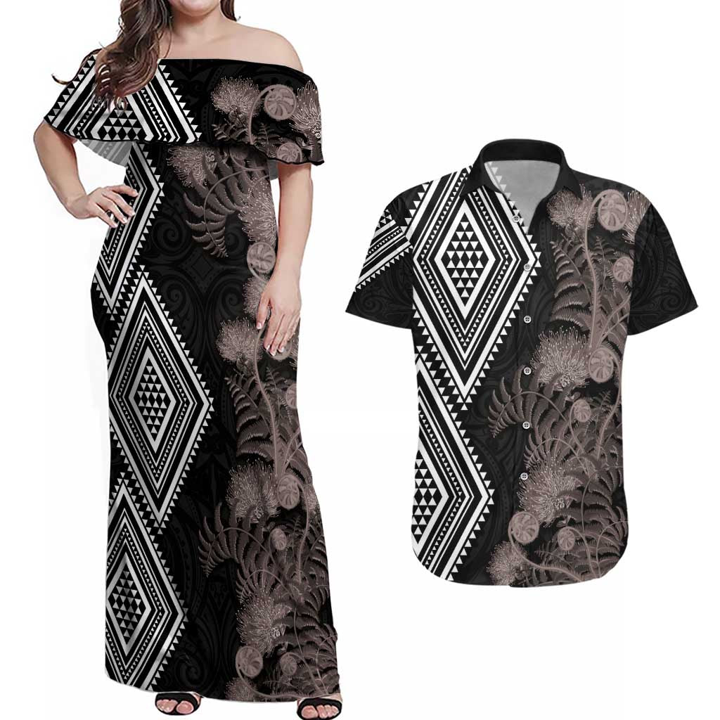 Aotearoa Tukutuku Motif Couples Matching Off Shoulder Maxi Dress and Hawaiian Shirt Pohutukawa and Fern Leaves Grayscale Color