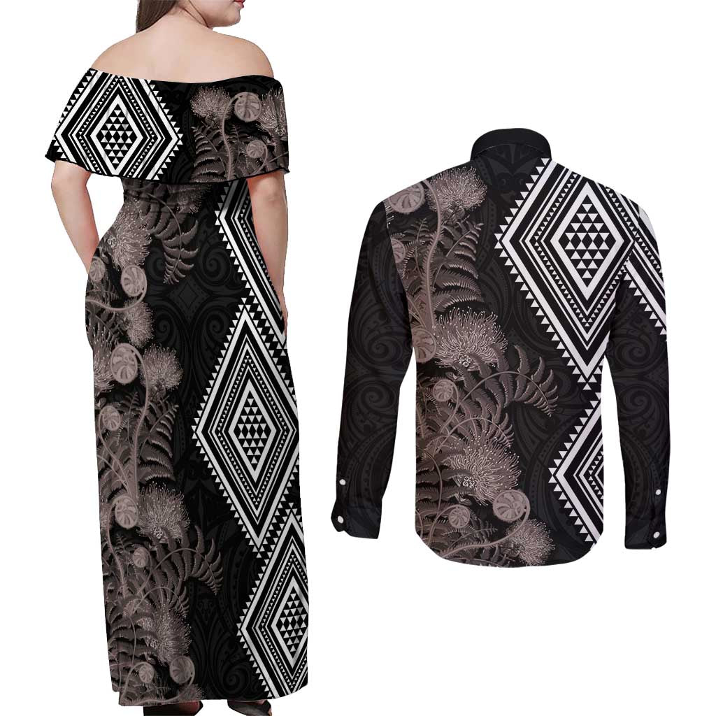 Aotearoa Tukutuku Motif Couples Matching Off Shoulder Maxi Dress and Long Sleeve Button Shirt Pohutukawa and Fern Leaves Grayscale Color