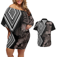 Aotearoa Tukutuku Motif Couples Matching Off Shoulder Short Dress and Hawaiian Shirt Pohutukawa and Fern Leaves Grayscale Color