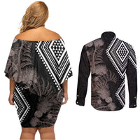 Aotearoa Tukutuku Motif Couples Matching Off Shoulder Short Dress and Long Sleeve Button Shirt Pohutukawa and Fern Leaves Grayscale Color