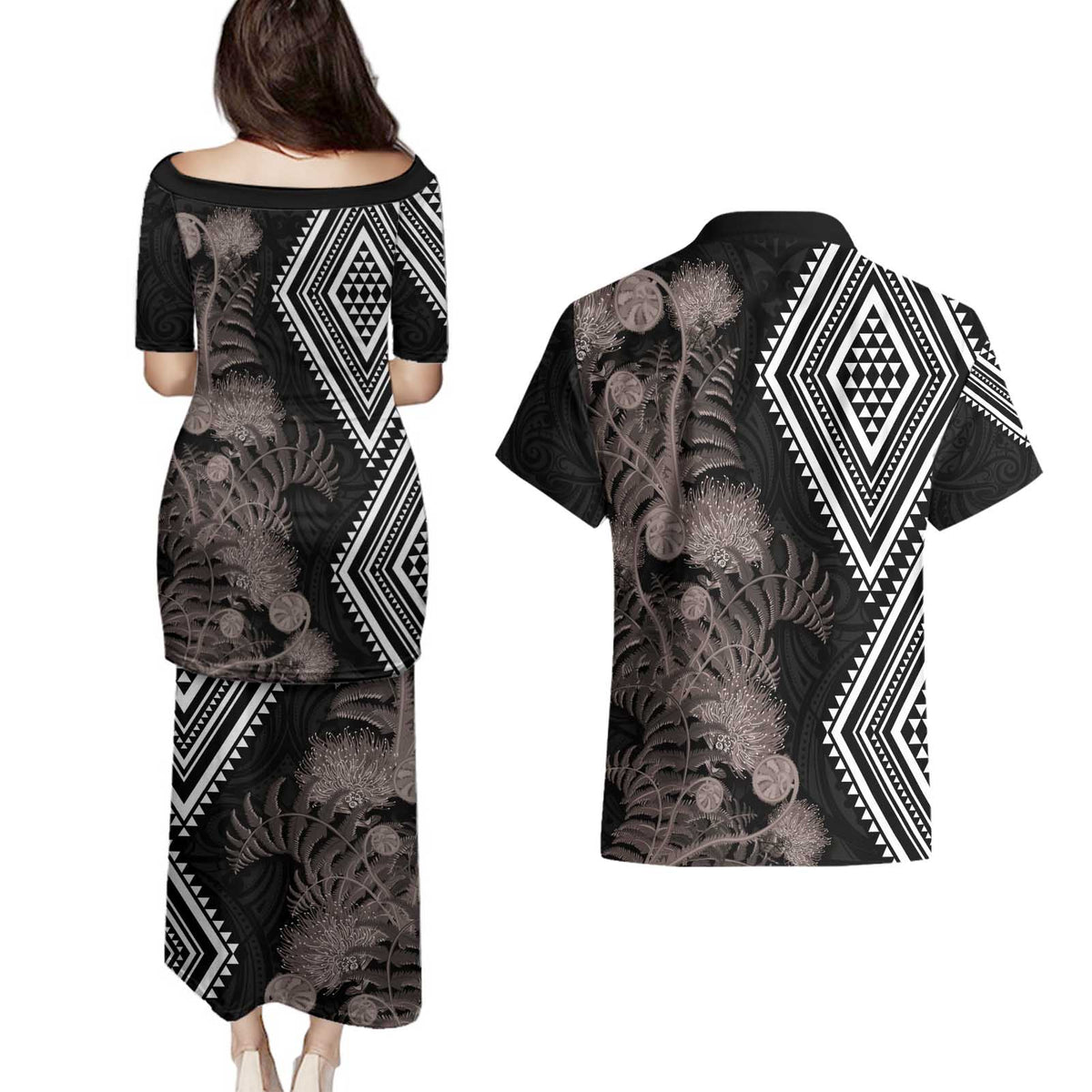 Aotearoa Tukutuku Motif Couples Matching Puletasi and Hawaiian Shirt Pohutukawa and Fern Leaves Grayscale Color