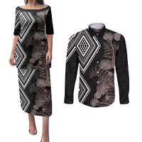 Aotearoa Tukutuku Motif Couples Matching Puletasi and Long Sleeve Button Shirt Pohutukawa and Fern Leaves Grayscale Color