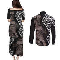 Aotearoa Tukutuku Motif Couples Matching Puletasi and Long Sleeve Button Shirt Pohutukawa and Fern Leaves Grayscale Color