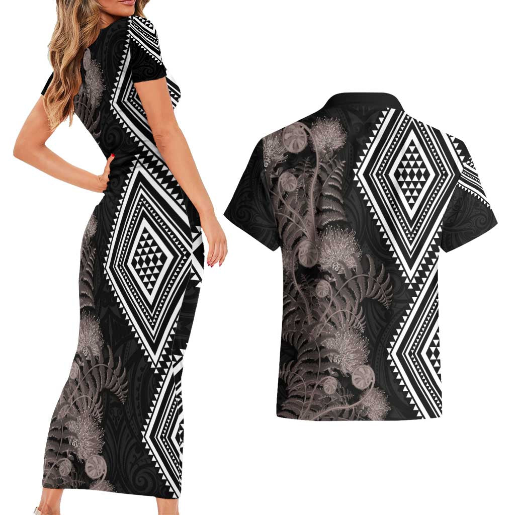 Aotearoa Tukutuku Motif Couples Matching Short Sleeve Bodycon Dress and Hawaiian Shirt Pohutukawa and Fern Leaves Grayscale Color
