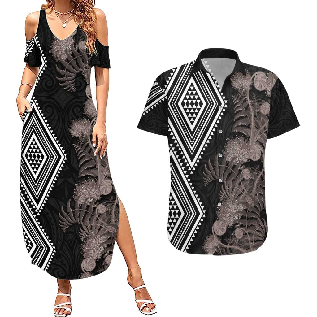 Aotearoa Tukutuku Motif Couples Matching Summer Maxi Dress and Hawaiian Shirt Pohutukawa and Fern Leaves Grayscale Color