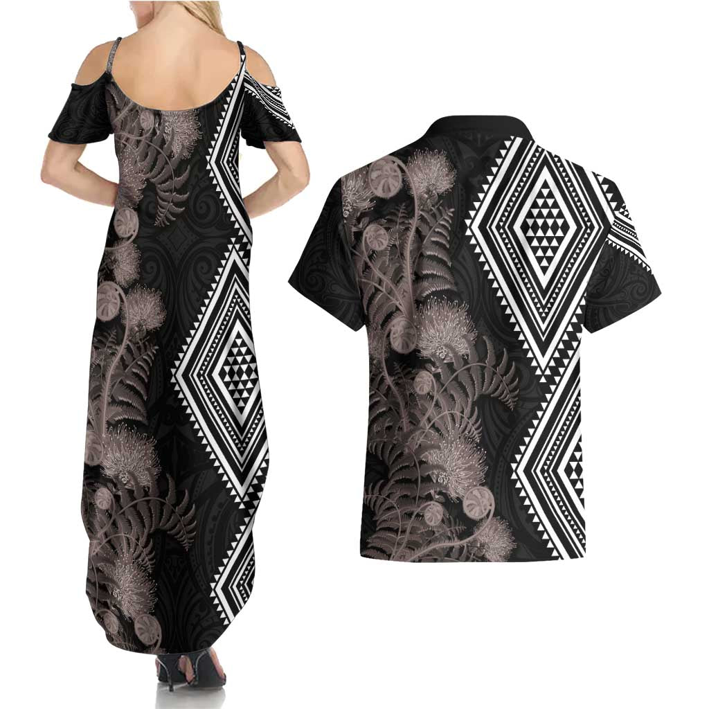 Aotearoa Tukutuku Motif Couples Matching Summer Maxi Dress and Hawaiian Shirt Pohutukawa and Fern Leaves Grayscale Color