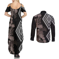 Aotearoa Tukutuku Motif Couples Matching Summer Maxi Dress and Long Sleeve Button Shirt Pohutukawa and Fern Leaves Grayscale Color