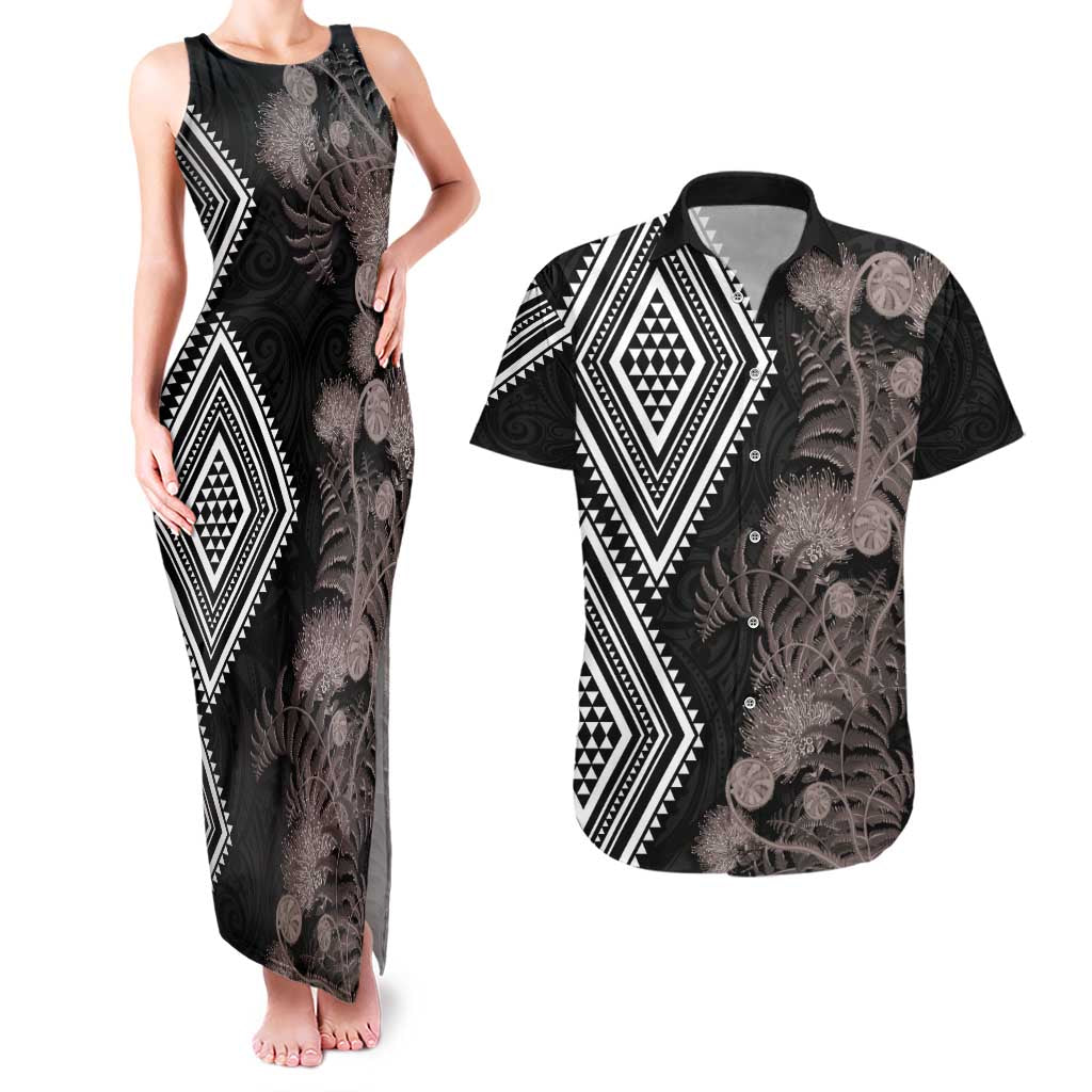 Aotearoa Tukutuku Motif Couples Matching Tank Maxi Dress and Hawaiian Shirt Pohutukawa and Fern Leaves Grayscale Color