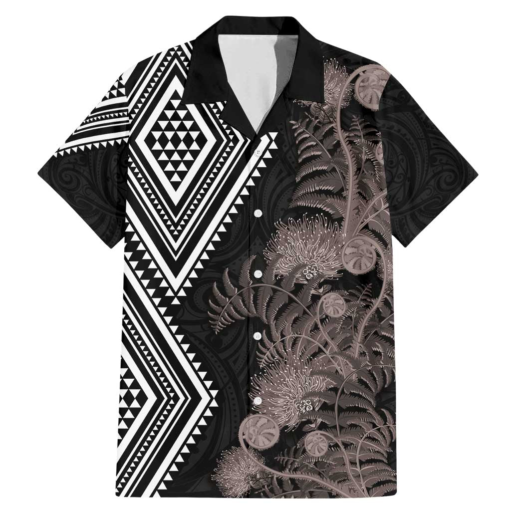 Aotearoa Tukutuku Motif Family Matching Mermaid Dress and Hawaiian Shirt Pohutukawa and Fern Leaves Grayscale Color