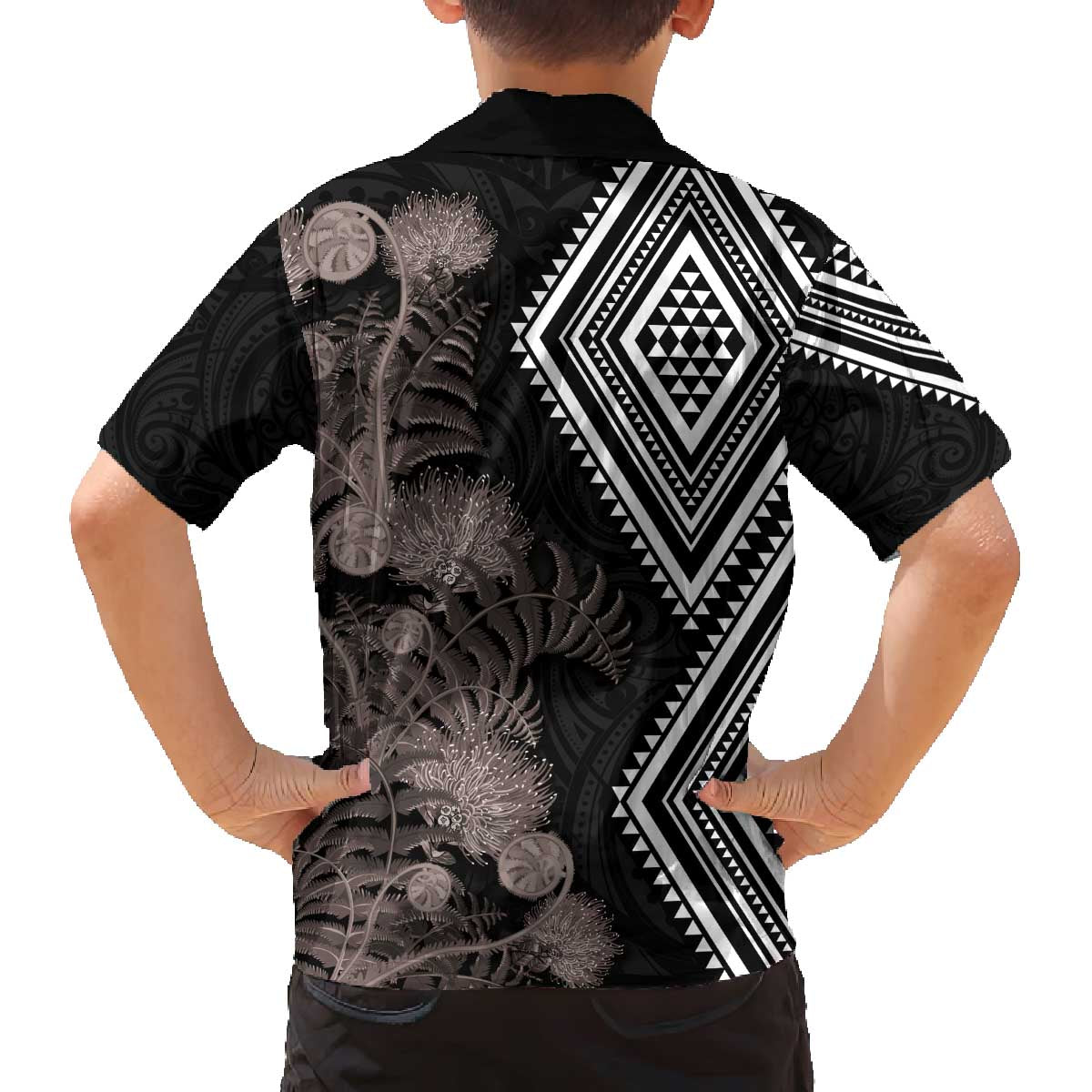 Aotearoa Tukutuku Motif Family Matching Off The Shoulder Long Sleeve Dress and Hawaiian Shirt Pohutukawa and Fern Leaves Grayscale Color