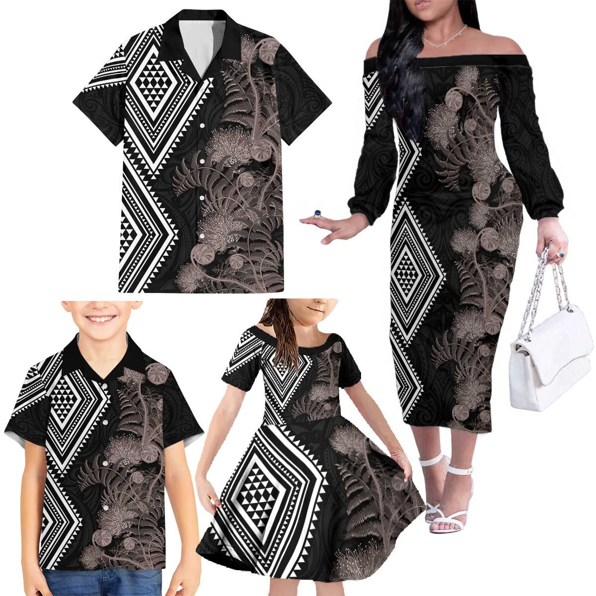 Aotearoa Tukutuku Motif Family Matching Off The Shoulder Long Sleeve Dress and Hawaiian Shirt Pohutukawa and Fern Leaves Grayscale Color