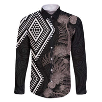 Aotearoa Tukutuku Motif Family Matching Off The Shoulder Long Sleeve Dress and Hawaiian Shirt Pohutukawa and Fern Leaves Grayscale Color