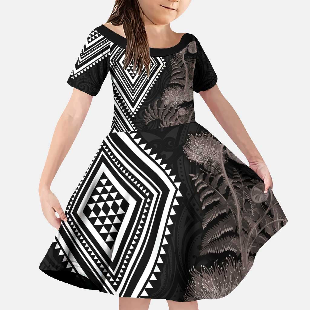 Aotearoa Tukutuku Motif Family Matching Tank Maxi Dress and Hawaiian Shirt Pohutukawa and Fern Leaves Grayscale Color