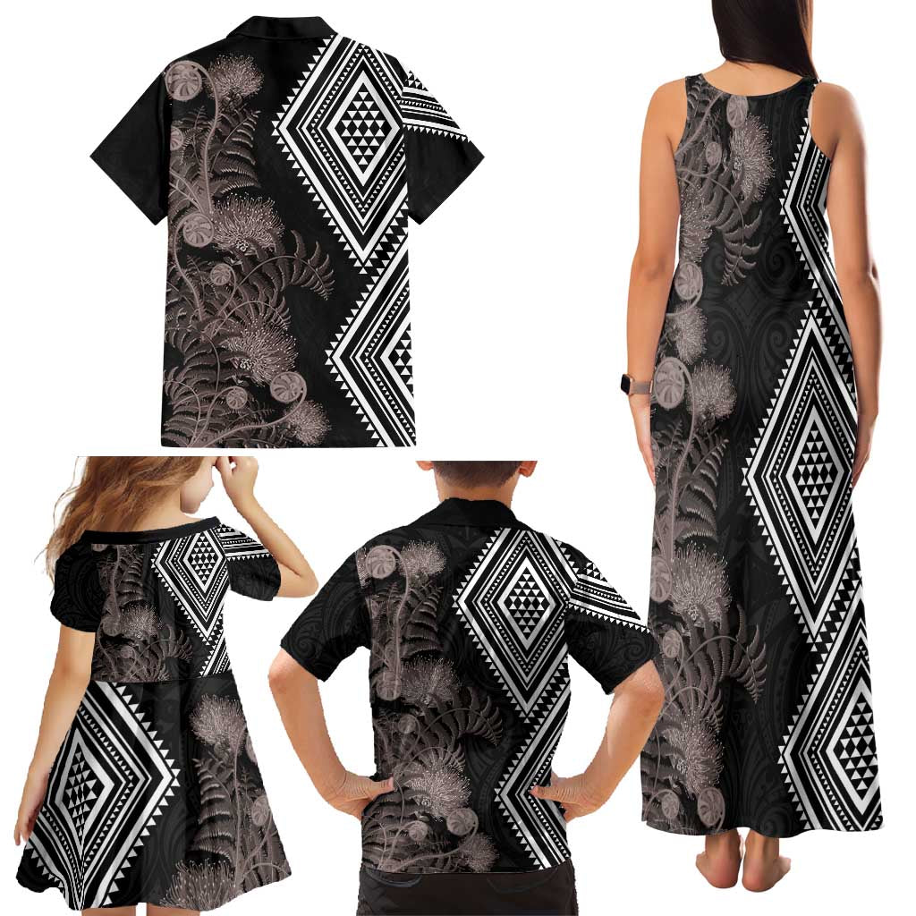 Aotearoa Tukutuku Motif Family Matching Tank Maxi Dress and Hawaiian Shirt Pohutukawa and Fern Leaves Grayscale Color