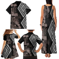 Aotearoa Tukutuku Motif Family Matching Tank Maxi Dress and Hawaiian Shirt Pohutukawa and Fern Leaves Grayscale Color