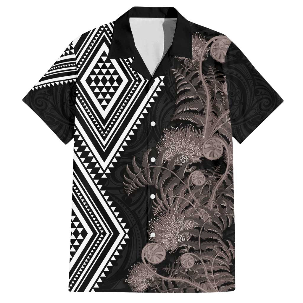 Aotearoa Tukutuku Motif Family Matching Tank Maxi Dress and Hawaiian Shirt Pohutukawa and Fern Leaves Grayscale Color