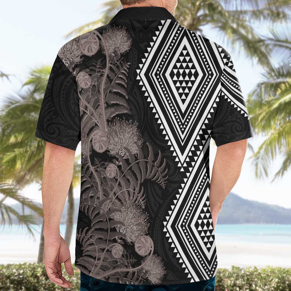 Aotearoa Tukutuku Motif Hawaiian Shirt Pohutukawa and Fern Leaves Grayscale Color