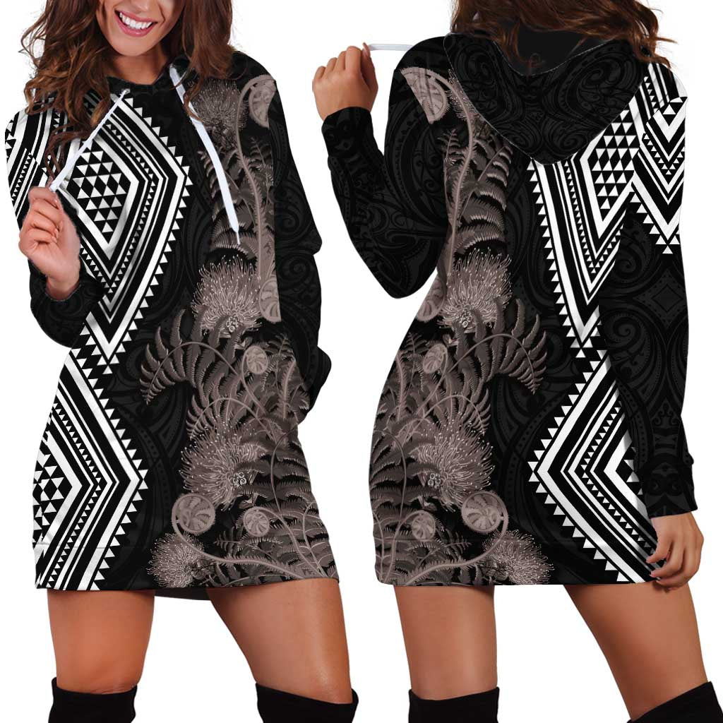 Aotearoa Tukutuku Motif Hoodie Dress Pohutukawa and Fern Leaves Grayscale Color