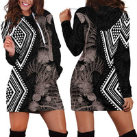 Aotearoa Tukutuku Motif Hoodie Dress Pohutukawa and Fern Leaves Grayscale Color