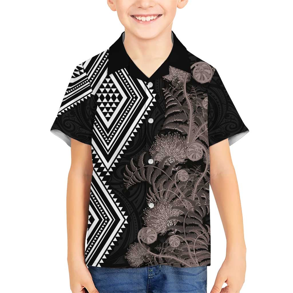Aotearoa Tukutuku Motif Kid Hawaiian Shirt Pohutukawa and Fern Leaves Grayscale Color LT03 Kid Black - Polynesian Pride
