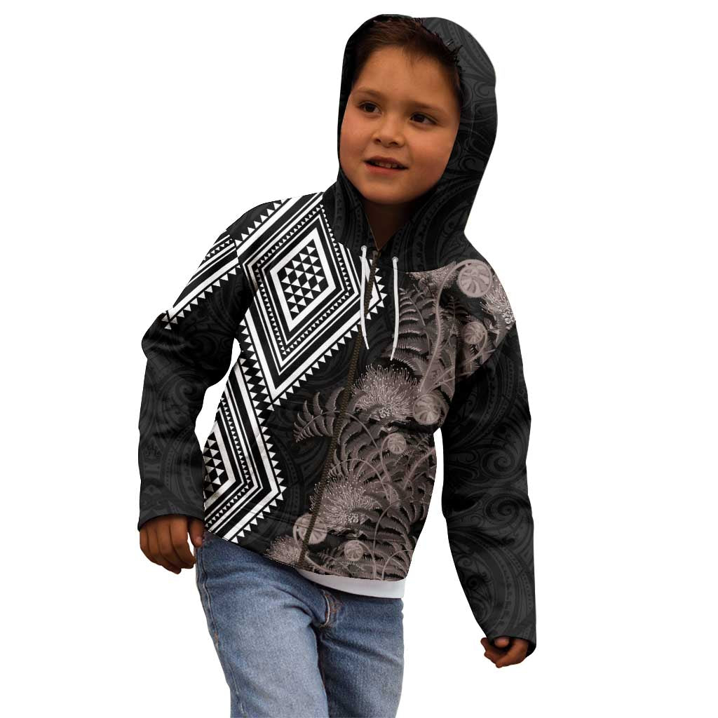 Aotearoa Tukutuku Motif Kid Hoodie Pohutukawa and Fern Leaves Grayscale Color