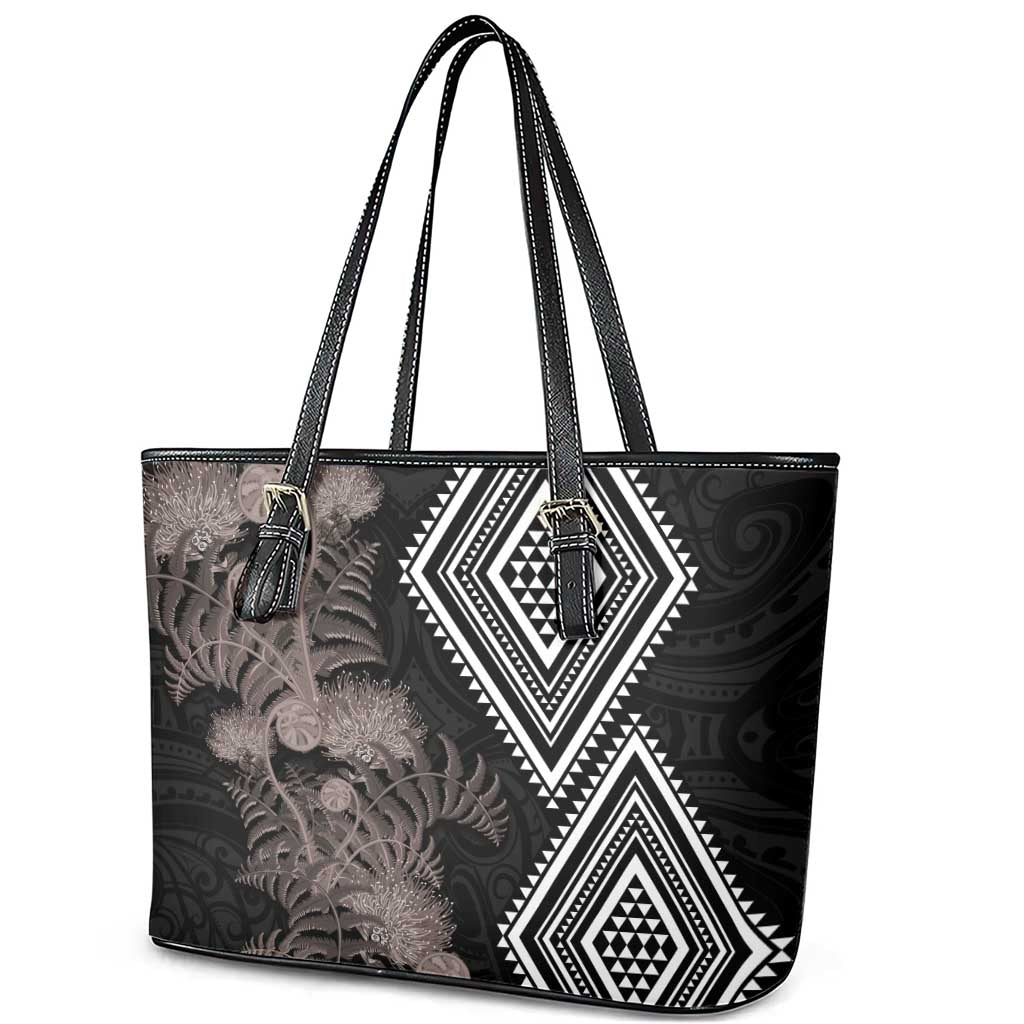 Aotearoa Tukutuku Motif Leather Tote Bag Pohutukawa and Fern Leaves Grayscale Color