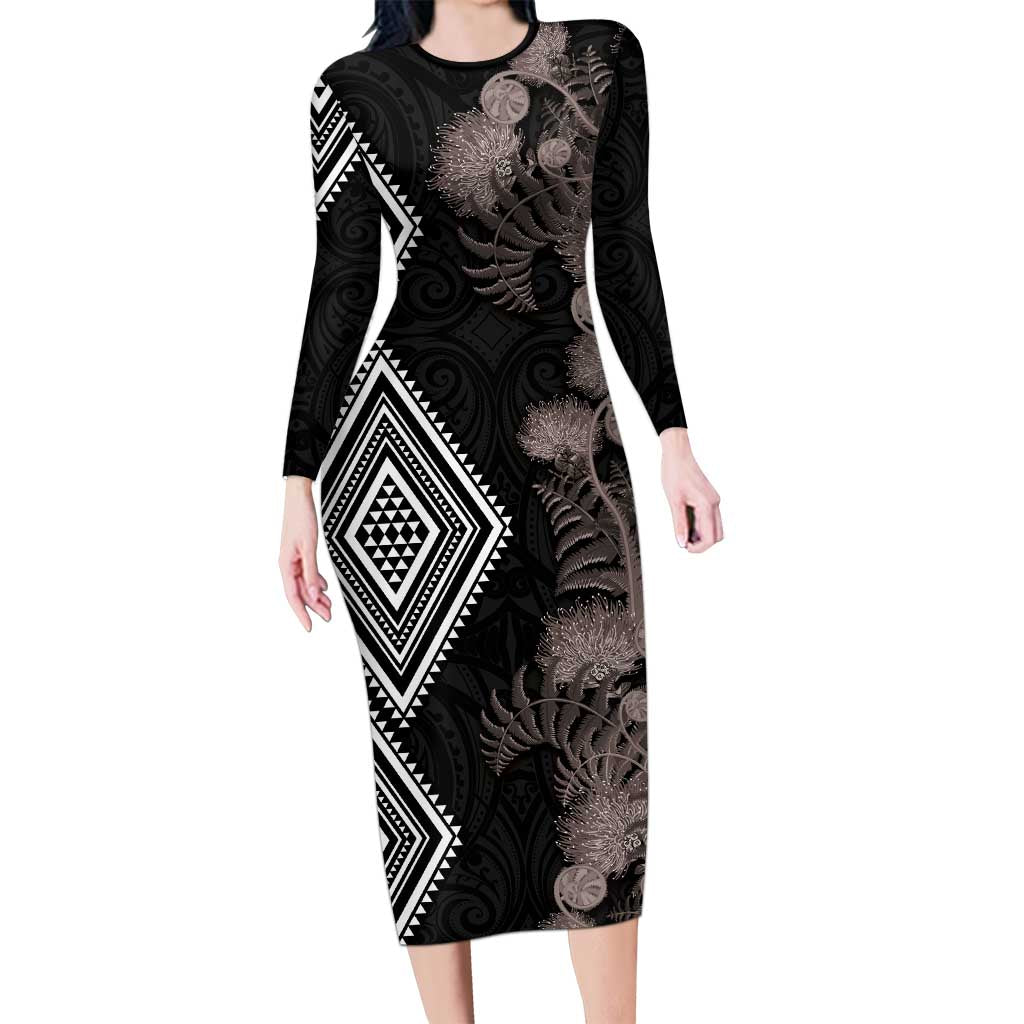 Aotearoa Tukutuku Motif Long Sleeve Bodycon Dress Pohutukawa and Fern Leaves Grayscale Color