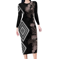 Aotearoa Tukutuku Motif Long Sleeve Bodycon Dress Pohutukawa and Fern Leaves Grayscale Color