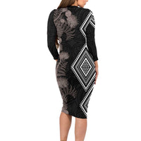 Aotearoa Tukutuku Motif Long Sleeve Bodycon Dress Pohutukawa and Fern Leaves Grayscale Color